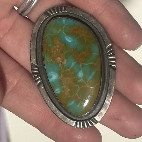 The Unbranded Brand Jewelry - Vintage Handmade Royston Turquoise Navajo Silver Pendant Brooch Unmarked 1.5x2in